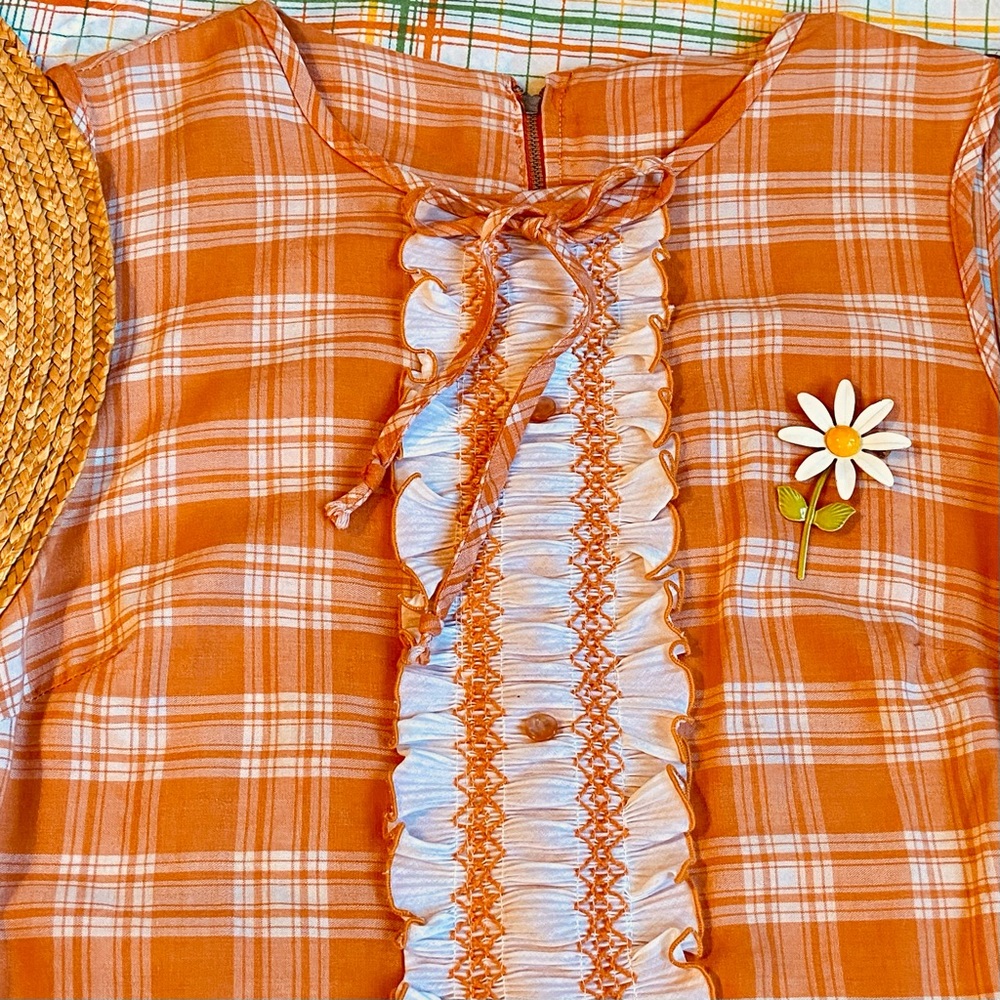 VTG 60s orange and white checked shift dress-M - Picture 4 of 10